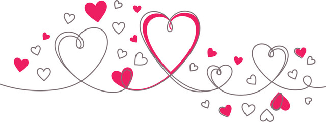 Continuous Line Hearts Design with Small Pink Hearts on a White Background