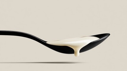 Drip of thick white liquid, like cream, slowly falling from a black spoon against light beige background