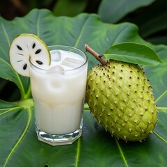 Refreshing soursop drink with ice cubes, tropical delight experience
