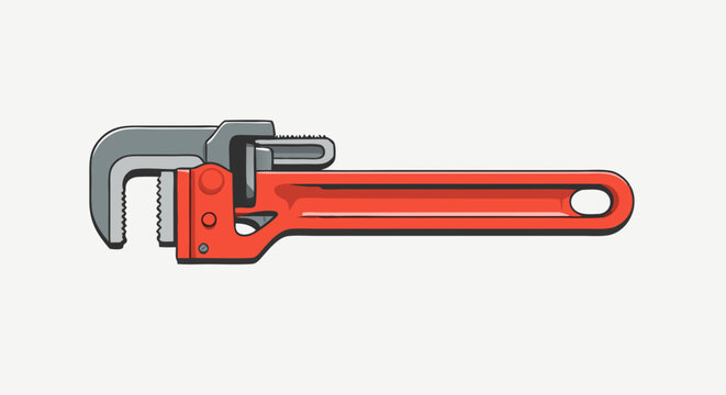 Stylized red pipe wrench with adjustable grey serrated jaws a flat vector illustration.