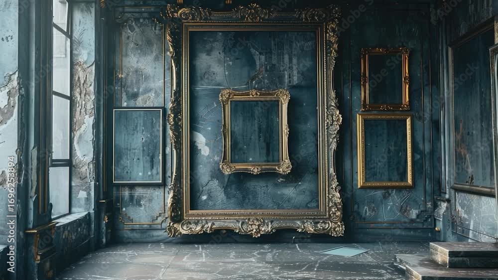 Poster a room filled with variously sized and shaped picture frames on the walls, ready for displaying arti