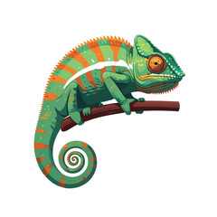 Naklejka premium Vibrant green and orange striped chameleon illustration with a curled spiral tail perched on a brown branch.