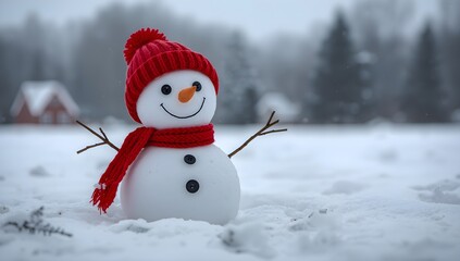 Obraz premium Charming snowman wearing a red knitted hat and scarf standing in a snowy winter landscape with softly blurred trees and a house in the background