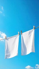 Crisp white laundry hanging on a clothesline against a vibrant blue sky, gently swaying in a soft breeze Perfect for freshness, clean, purity, and spring themes , washing, element, background