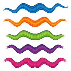Vibrant set of five colorful wavy and striped brush strokes with feathered ends.