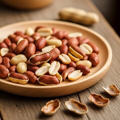 Rustic peanut display on wooden plate with scattered shells aroma