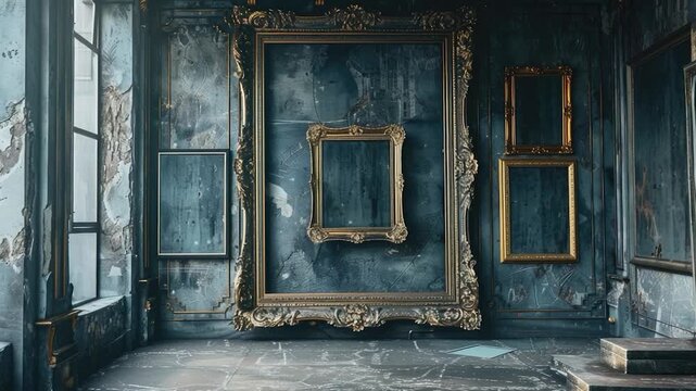 A room filled with variously sized and shaped picture frames on the walls