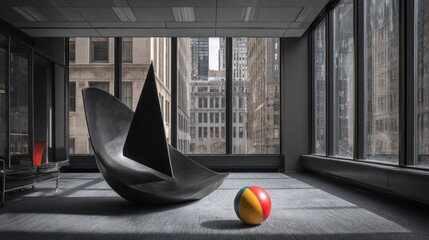 Large metal boat sculpture with dark sail inside office, ball nearby, city view. Neutral tones, modern feel