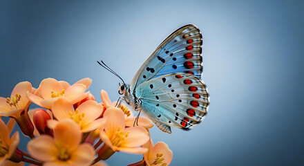 Vibrant blue butterfly with red spots delicately rests on soft orange flowers, a close-up of nature's beauty and its delicate ecosystem
