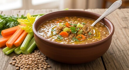 Rustic lentil soup with vibrant vegetables and a weathered wood backdrop