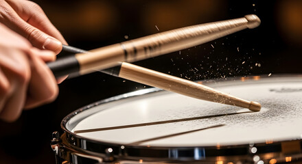 drummer hands playing snare drum with drumsticks