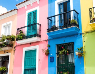 Vibrant colorful houses with balconies