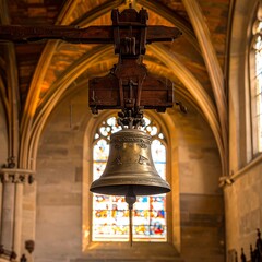 Obraz premium Antique church bell, wooden support, stained glass