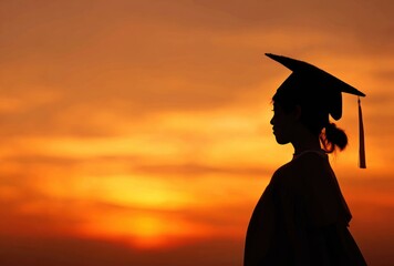 Silhouetted graduate stands against a fiery sunset sky, graduation cap atop head, symbolizing achievement, education, and the dawn of a new chapter