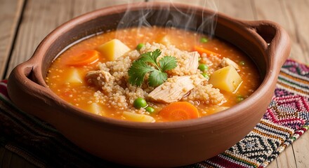 Rustic quinoa and chicken stew served in a terracotta bowl steaming hot