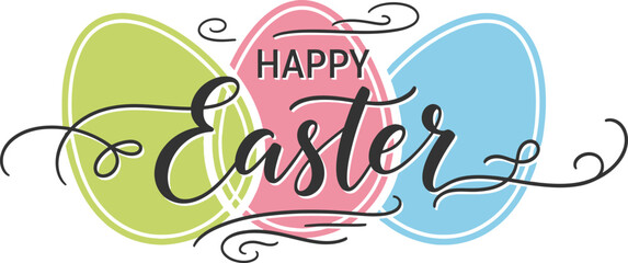 Obraz premium Happy Easter Text with Green, Pink, and Blue Eggs on a White Background Design