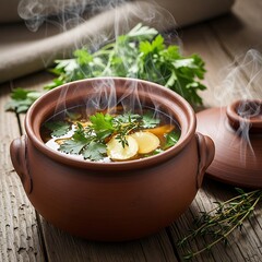 Rustic pottery bowl filled with steaming vegetable soup on wooden surface