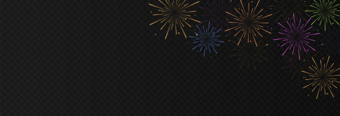 Vector colorful fireworks png. Simple fireworks with sparks on transparent background. Christmas holiday background.