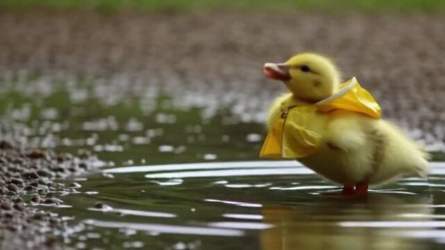 Ein flauschiges Entenk&uuml;ken tr&auml;gt eine kleine gelbe Regenjacke