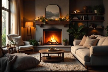 Cozy living room scene featuring a warm, crackling fireplace, plush throw blankets, and soft lighting, perfect for relaxation and tranquility , cushions, night, soft
