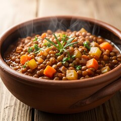 Steaming bowl of lentil stew garnished with rosemary and fresh herbs
