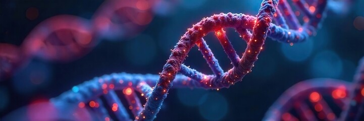 Microscopic View of Glowing DNA Strands Genetic Engineering and Biotechnology Research