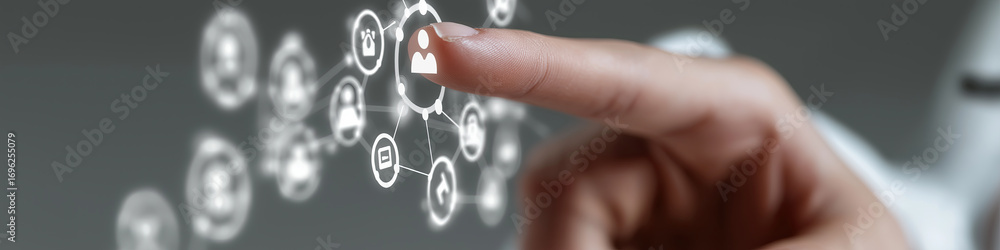 Poster human finger approaches digital interface displaying interconnected social network communication ico