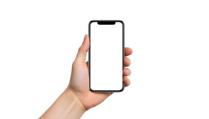 Close up of a human hand holding a modern smartphone with a blank white screen against a clean white background