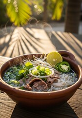 Steaming bowl of pho Vietnamese noodle soup, garnished fresh, on wooden table