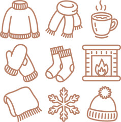 Cozy Winter Essentials Collection Outline Icons of Cold Weather Clothing, Warm Drinks, and Fireplace Comfort