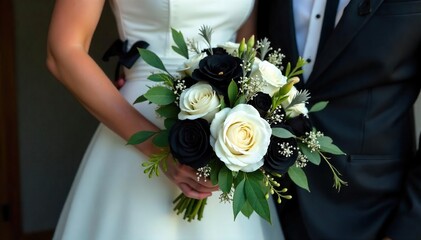 Elegant tuxedo-inspired bridal bouquet featuring black and white flowers, bow tie detail, and sophisticated textures Perfect for a modern, unconventional wedding , wedding decor, dark bouquet
