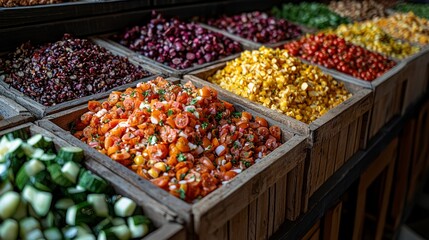 Colorful prepared salads and ingredients displayed in rustic wooden crates at a market