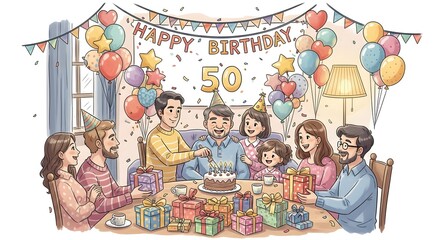A joyful family gathers around a table filled with gifts and cake, celebrating a 50th birthday. Balloons, banners, and smiles fill the room, making it a warm and memorable milestone celebration.