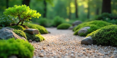 Serene zen garden scene; raked gravel, carefully placed rocks, and lush green moss create a peaceful atmosphere perfect for meditation and mindfulness , grey, calm