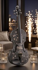 Glittering violin centered on a table in a fancy room with a city view and sparklers in the background