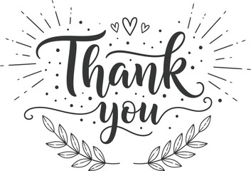 Obraz premium Thank You Hand Lettering Calligraphy Hearts Leaves Flourishes on White Background