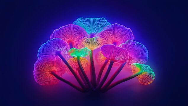 Abstract glowing cluster of colorful bioluminescent organic shapes resembling coral or fungi illuminated with vibrant neon lights against a dark background