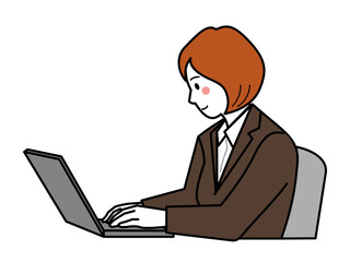 茶色のスーツ。横から見たパソコンを操作する女性