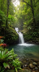 Fototapeta premium Serene Waterfall in Lush Tropical Rainforest.
