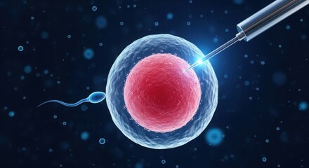 Microscopic view of sperm fertilizing an egg with a needle