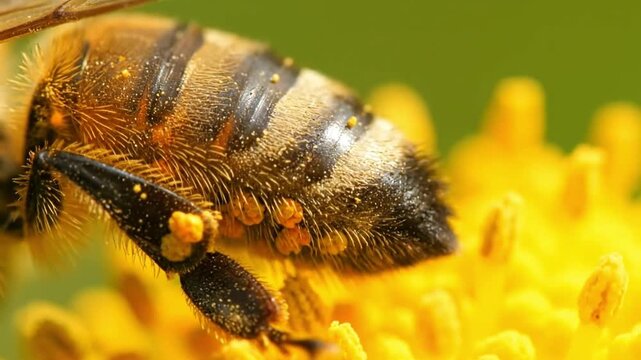 Ultra-close shot of a honeybee collecting pollen grains sticking to its legs.