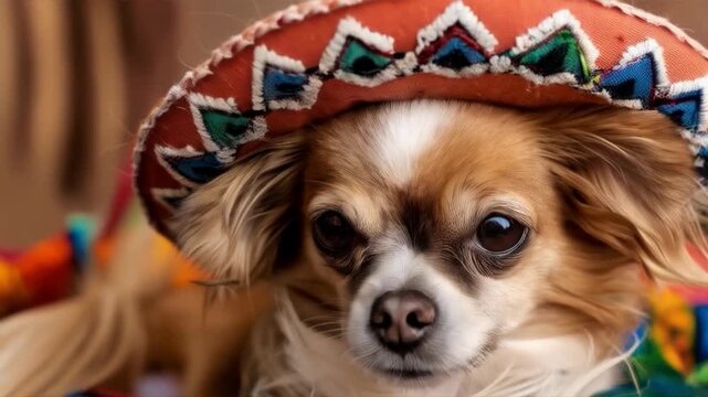 A cute dog wearing a sombrero on a bright Mexican blanket. Perfect for articles about pets, holiday traditions, cultural events, interior design, or themed blogs.

