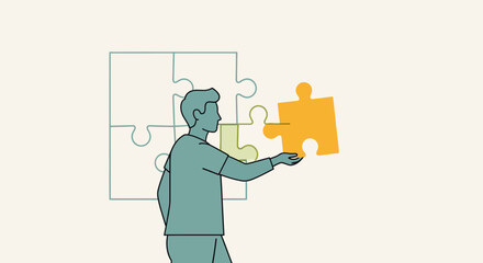Visual representation of a person thoughtfully placing a key puzzle piece, symbolizing strategic problem-solving, collaboration, and finding integrated solutions for complex challenges
