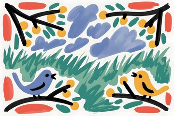 Birds in nature illustration with branches clouds and grass in a colorful and playful style