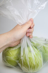 Hand holding eco recycled bag with fresh green organic apples isolated on white background