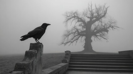 Solitary black bird perches on stone steps leading to a blurred tree shrouded in dense fog, grayscale