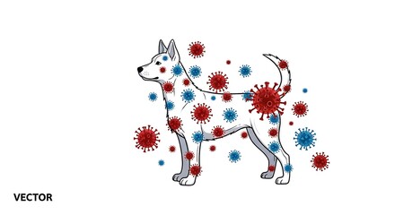 Illustration of a dog silhouette covered in rabies virus particles, isolated on white background