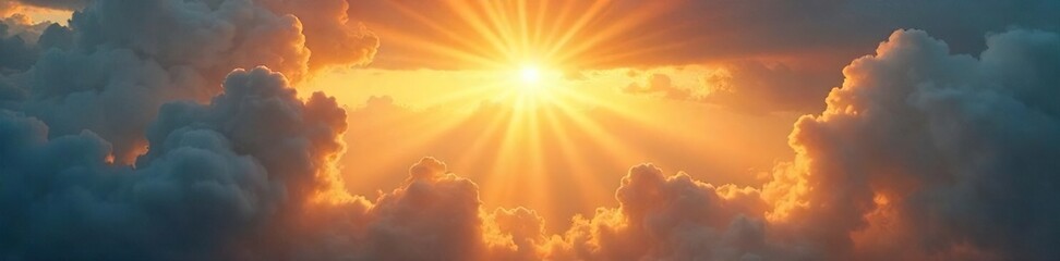 Dynamic sunbeams bursting through gaps in clouds, illuminating a landscape with radiant, golden light Perfect for themes of hope, nature, and new beginnings , sunrise, light rays