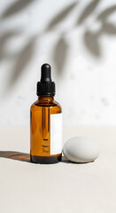 Calm aesthetic amber dropper bottle product shot with soft shadows and natural light