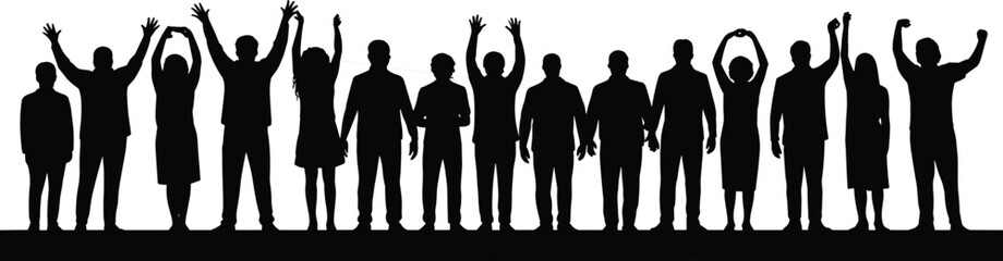 Silhouettes of people cheering, group celebration pose, unity concept, standing crowd, team support, happy community, raised hands, togetherness illustration, human figures, crowd silhouette art.